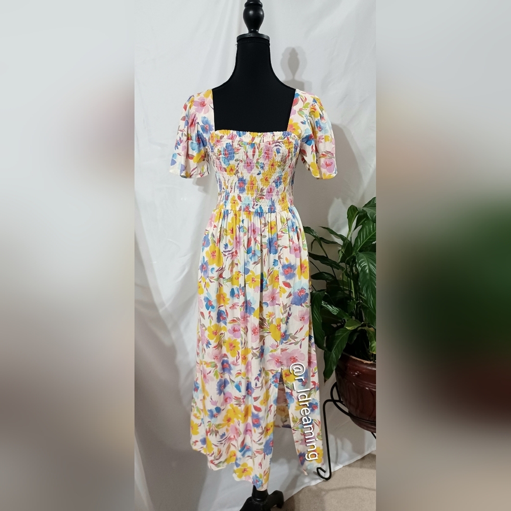 NWT GAP Print Smocked Puff Sleeve Midi Dress Size XS In Multi Floral